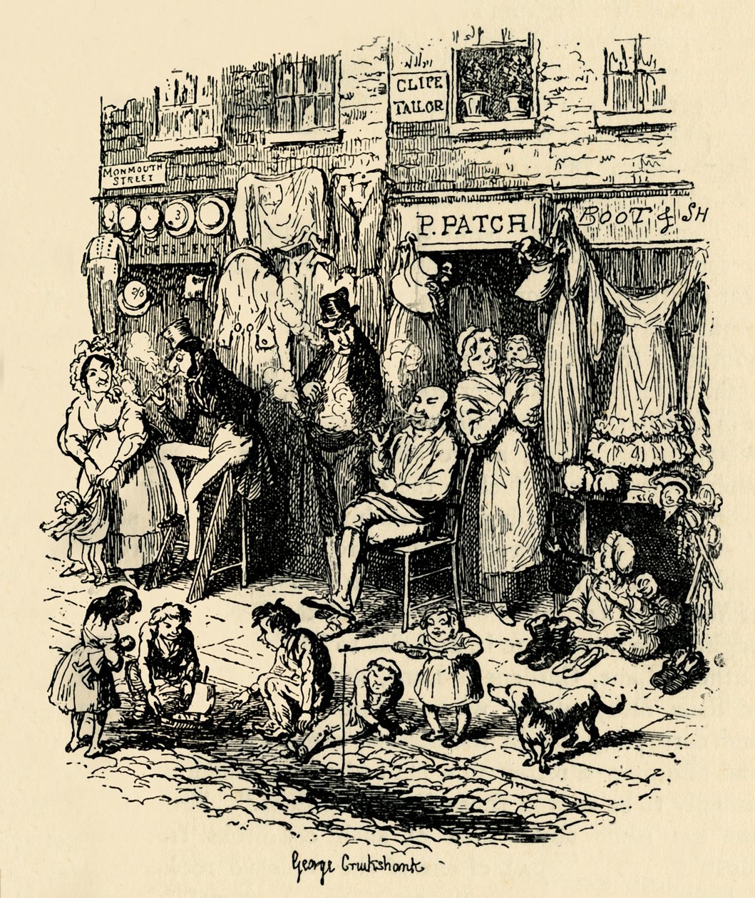 Monmouth Street, Soho, en illustration av G. Cruikshank för Dickens Sketches av Boz. , 1938 av George Cruikshank