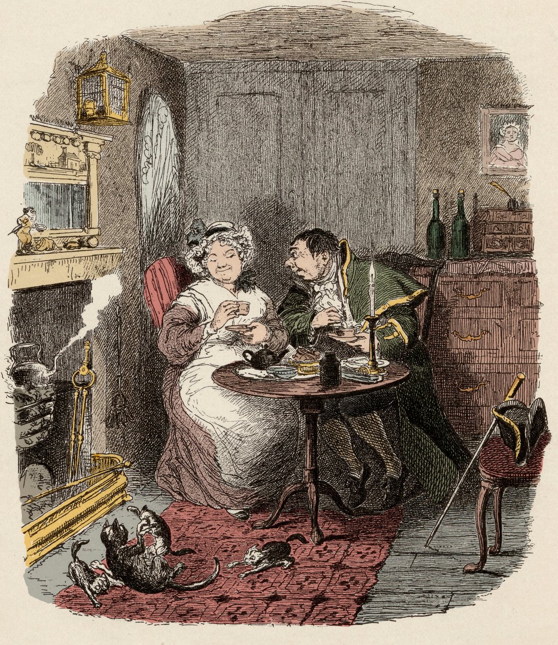 Monsieur Bumble och Madame Corney tar - Mr Bumble och Mrs Corney dricker te - Illustration för "" Oliver Twist"" (Olivier) (The Adventures of Oliver Twist) av Charles Dickens (1812-1870), av George Cruikshank (1792-1878) ) . av George Cruikshank