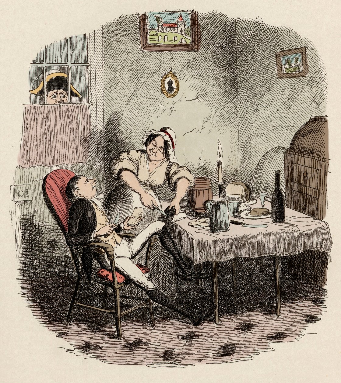 Monsieur Bumble observerar Noe Claypole och Charlotte - Mr Claypole när han dök upp när hans herre var ute - Illustration för "" Oliver Twist"" (Olivier) (The Adventures of Oliver Twist) av Charles Dickens (1812-1870), av George Cruikshank ( 1792-1878). av George Cruikshank