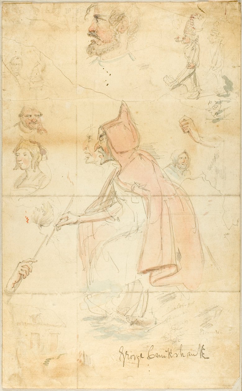 Moder Shipton (rekto); Skissblad: Fleur-de-Lis och figurer (verso) av George Cruikshank