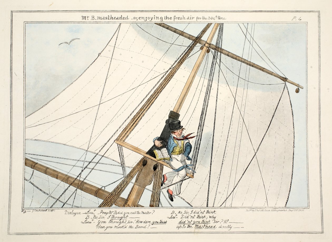 Mr. B. Mastheaded - eller, njuter av den friska luften för 304:e gången, från The Progress of a Midshipman, 1835 (handfärgad gravyr) av George Cruikshank