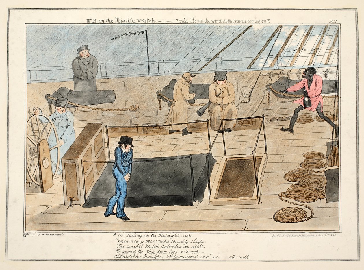 Mr. B på mittklockan - kallt blåser vinden och regnet kommer, från The Progress of a Midshipman, pub.1835 (handfärgad gravyr) av George Cruikshank