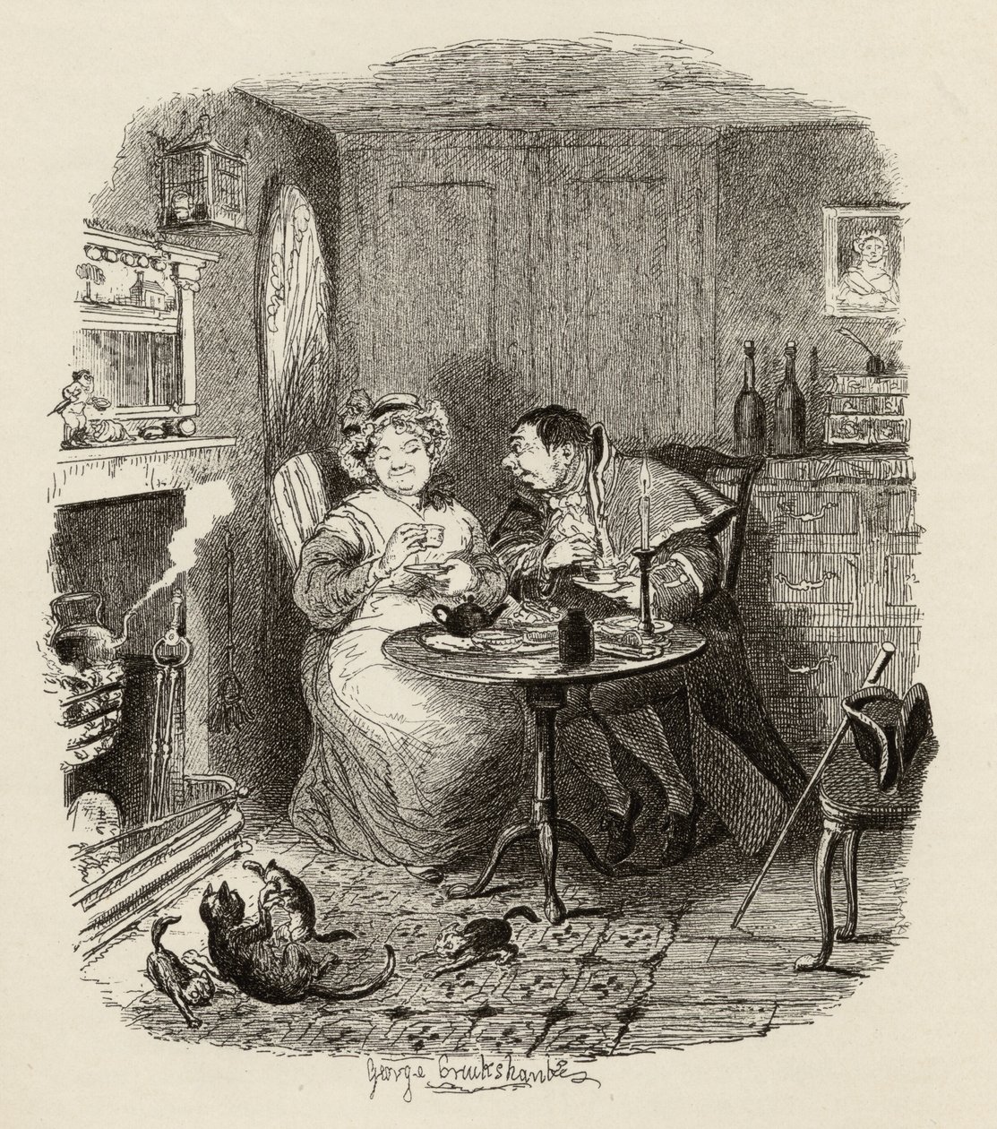 Mr Bumble och Mrs Corney dricker te, från "The Adventures of Oliver Twist" av Charles Dickens (1812-70) 1838, publicerad av Chapman und Hall, 1901 av George Cruikshank