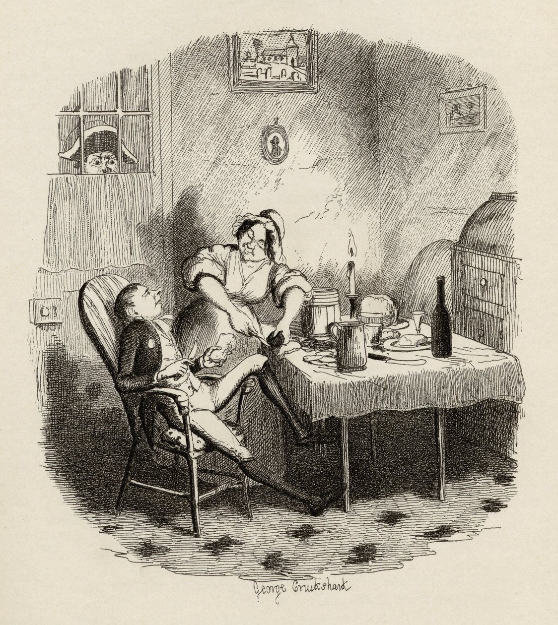 Mr Claypole som han såg ut när hans herre var ute, från "The Adventures of Oliver Twist" av Charles Dickens (1812-70) 1838, publicerad av Chapman und Hall, 1901 av George Cruikshank