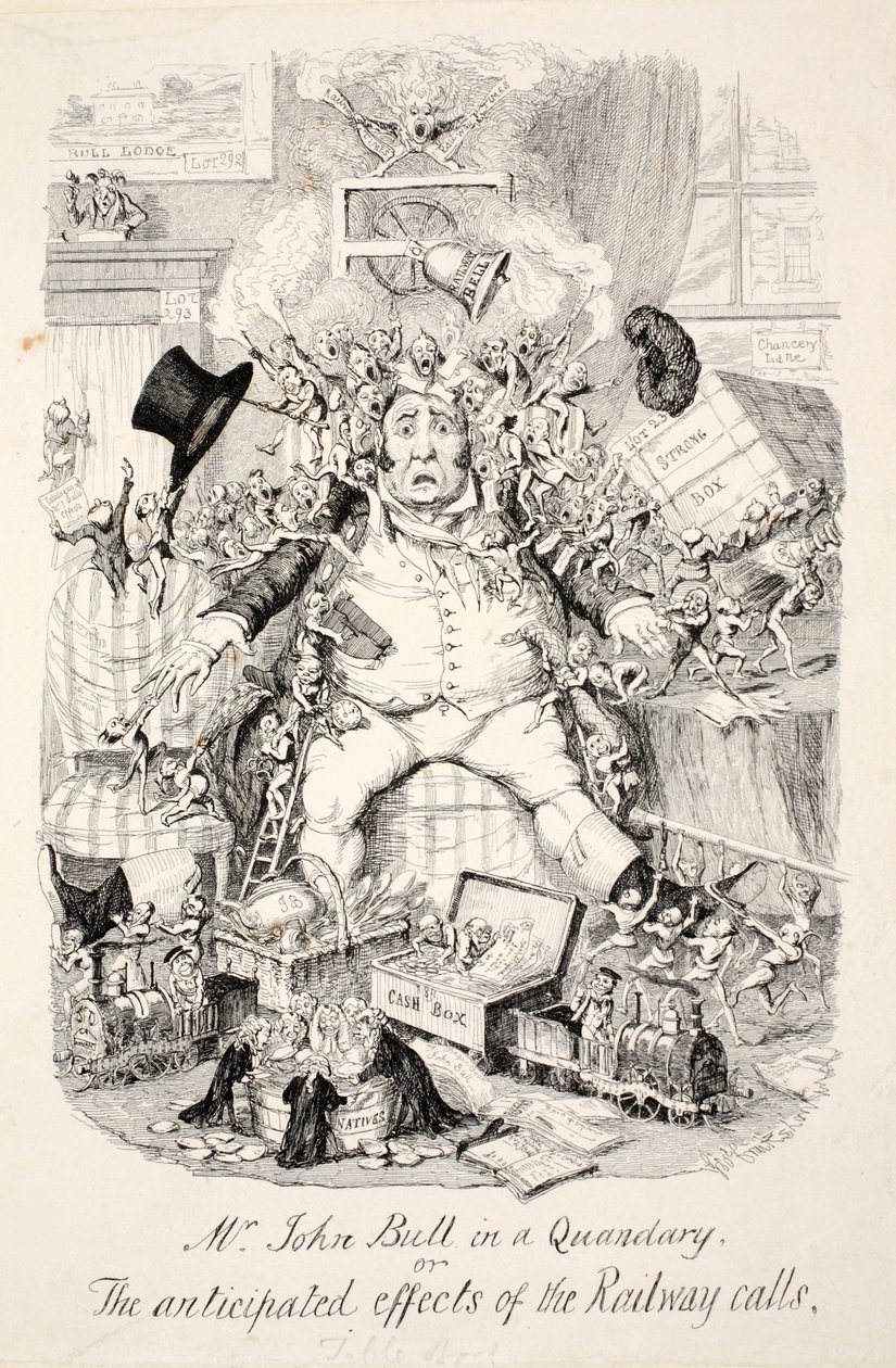 Mr John Bull i ett problem eller de förväntade effekterna av järnvägsanropen, pub. 1845 av George Cruikshank