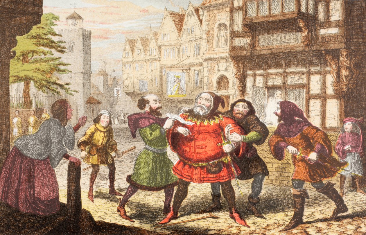 Mrs Quickly låter Sir John Falstaff arresteras i Henry IV, del 2, från 