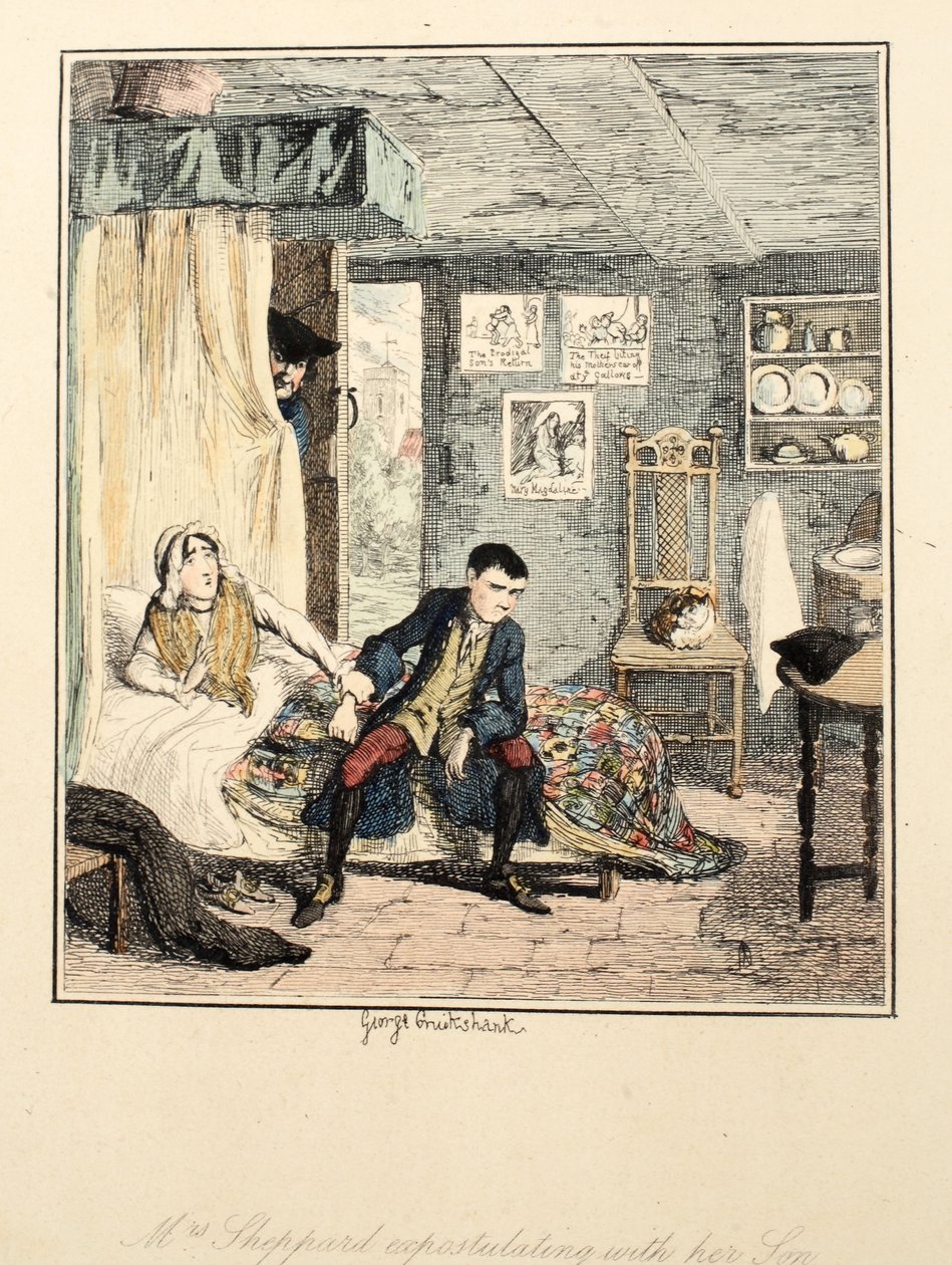 Mrs Sheppard expostulerar med sin son, illustration från Jack Sheppard: A Romance av William Harrison Ainsworth, publicerad 1839 (handfärgad etsning) av George Cruikshank