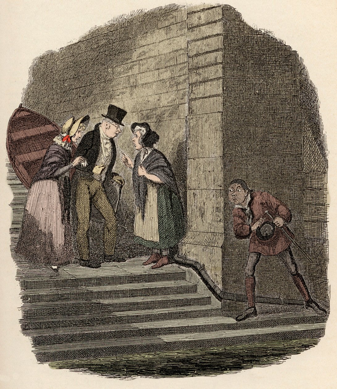 Noe Claypole spionerar på det hemliga mötet mellan Mr. Brownlow, Rose Maylie och Nancy - Mötet - Illustration för "" Oliver Twist"" (Olivier) (The Adventures of Oliver Twist) av Charles Dickens (1812-1870), av George Cruikshank (1792-1878). av George Cruikshank