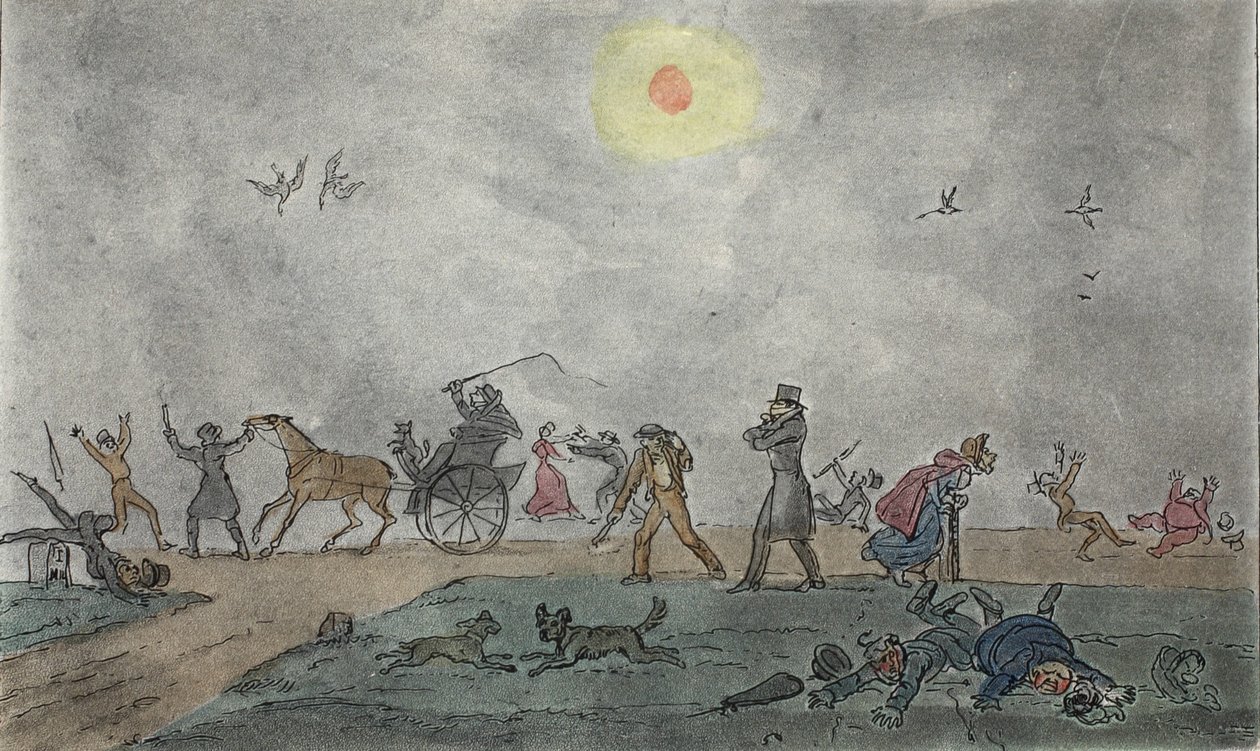 November - (Old Style) - Sväva genom dimman och smutsig luft, pub. 1835 (handfärgad gravyr) av George Cruikshank