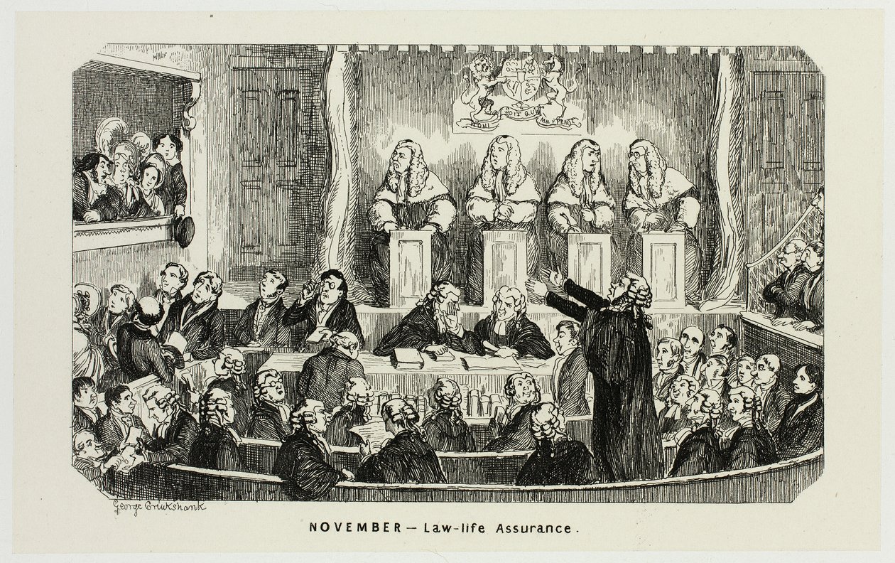 November - Law-Life Assurance från George Cruikshanks stålgravyrer till The Comic Almanacks: 1835-1853 av George Cruikshank