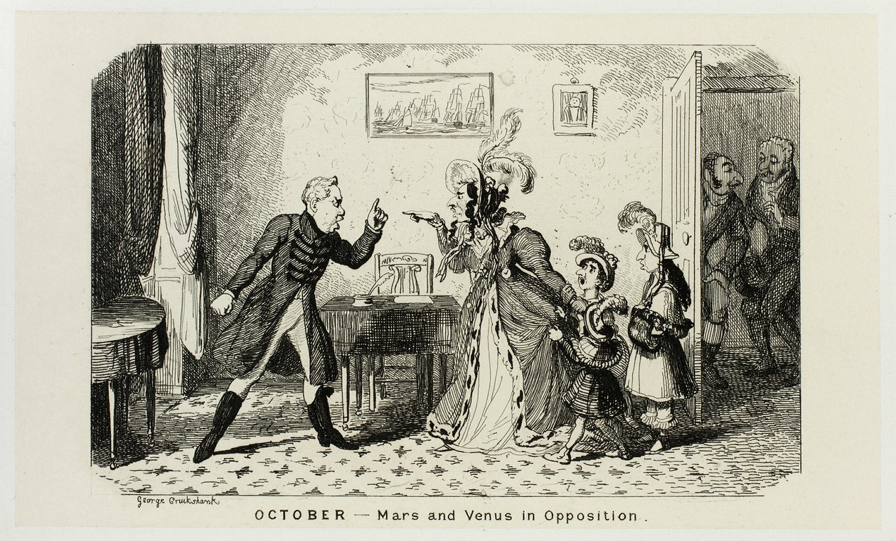 Oktober - Mars och Venus i opposition från George Cruikshanks stålgravyrer till The Comic Almanacks: 1835-1853 av George Cruikshank