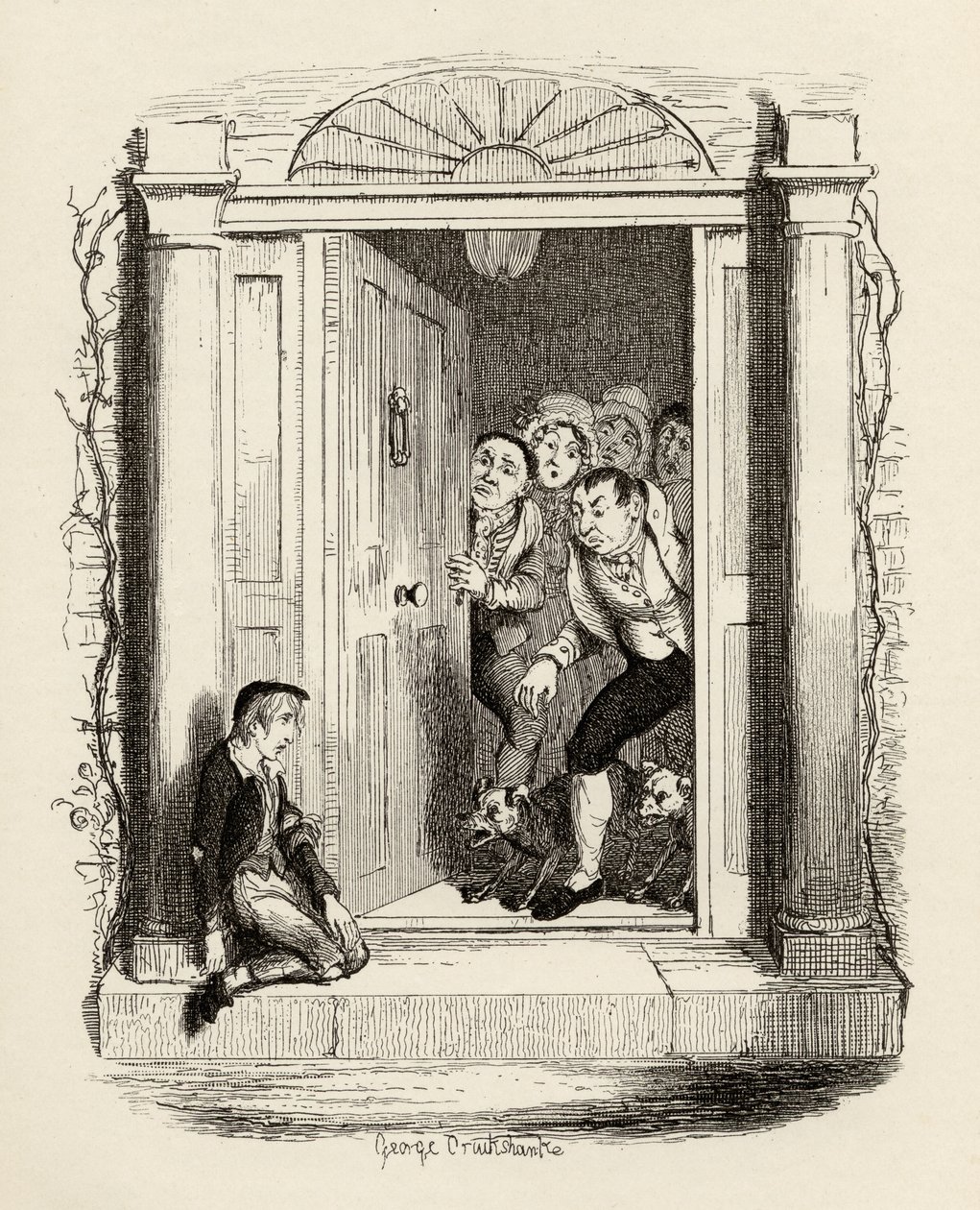 Oliver Twist vid Mrs Maylies dörr, från "The Adventures of Oliver Twist" av Charles Dickens (1812-70) 1838, publicerad av Chapman und Hall, 1901 av George Cruikshank
