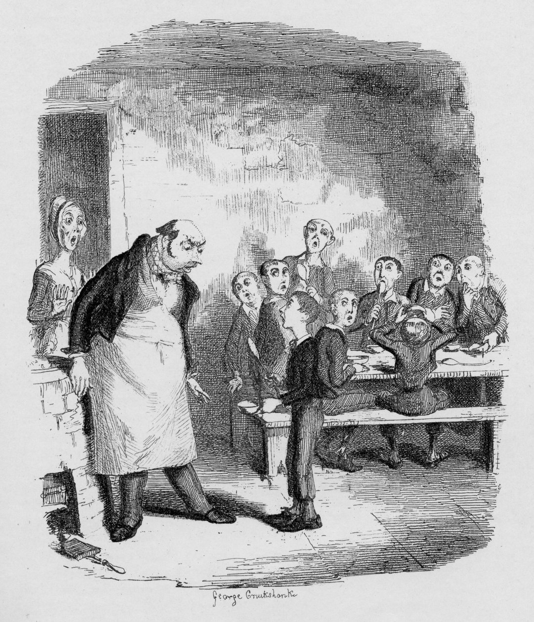 Oliver ber om mer, från "The Adventures of Oliver Twist" av Charles Dickens (1812-70) 1838, utgiven av Chapman und Hall, 1901 av George Cruikshank