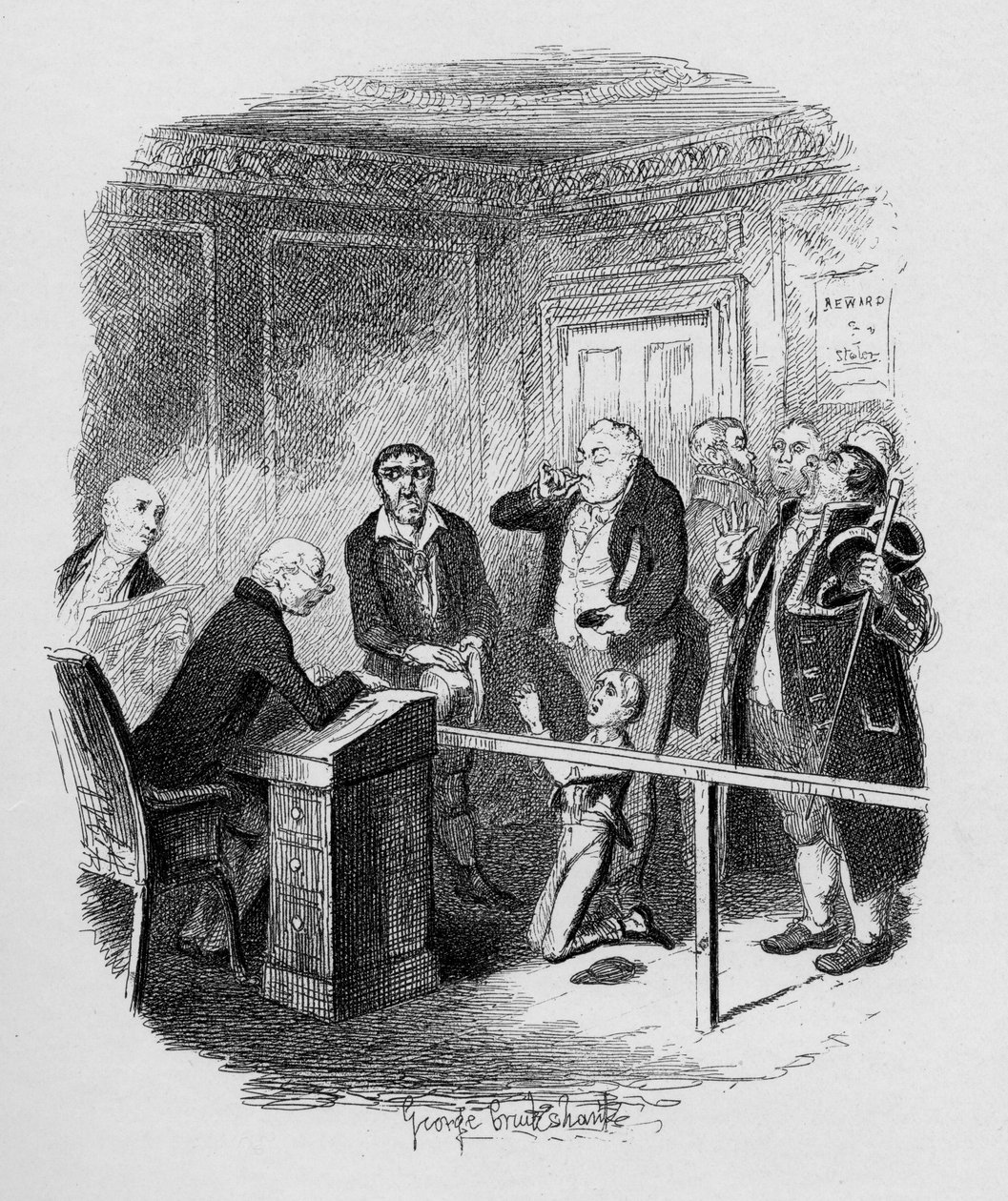 Oliver slipper bli bunden lärling till sweep, från "The Adventures of Oliver Twist" av Charles Dickens (1812-70) 1838, utgiven av Chapman und Hall, 1901 av George Cruikshank