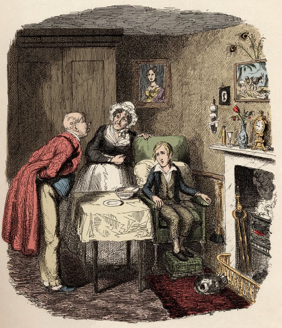 Oliver samlas in och tas om hand av Mr Brownlow och hans hushållerska Mrs Bedwin - Oliver återhämtar sig från febern - Illustration för "" Oliver Twist"" (Oliver) (The Adventures of Oliver Twist) av Charles Dickens (1812-1870), av George Cruikshank (1792-1 av George Cruikshank