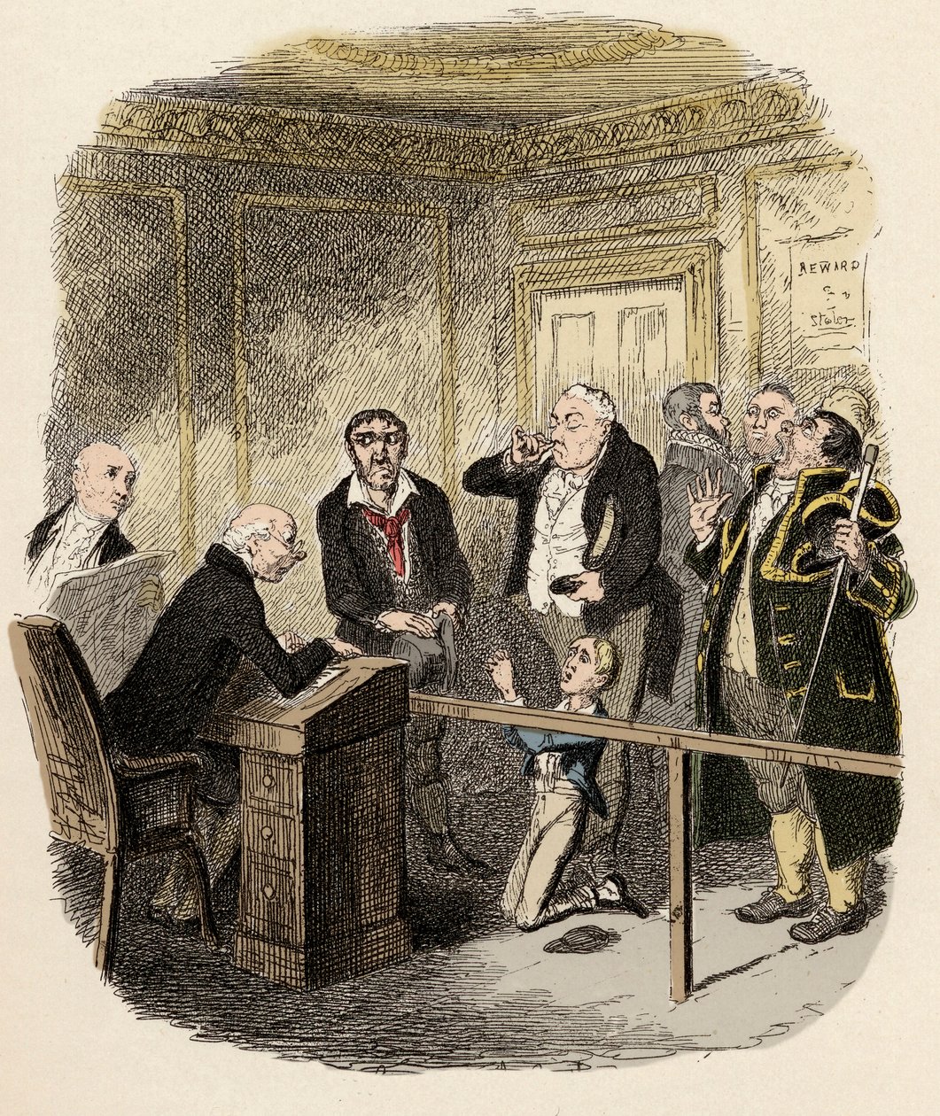 Oliver vädjade till barndomaren att inte låta honom gå i lärling vid Gamfield, skorstenen - Oliver slipper bli bunden lärling till sopningen - Illustration för Charles Dickens "Oliver Twist" (Oliver) (The Adventures of Oliver Twist) (1812-1870), förbi av George Cruikshank