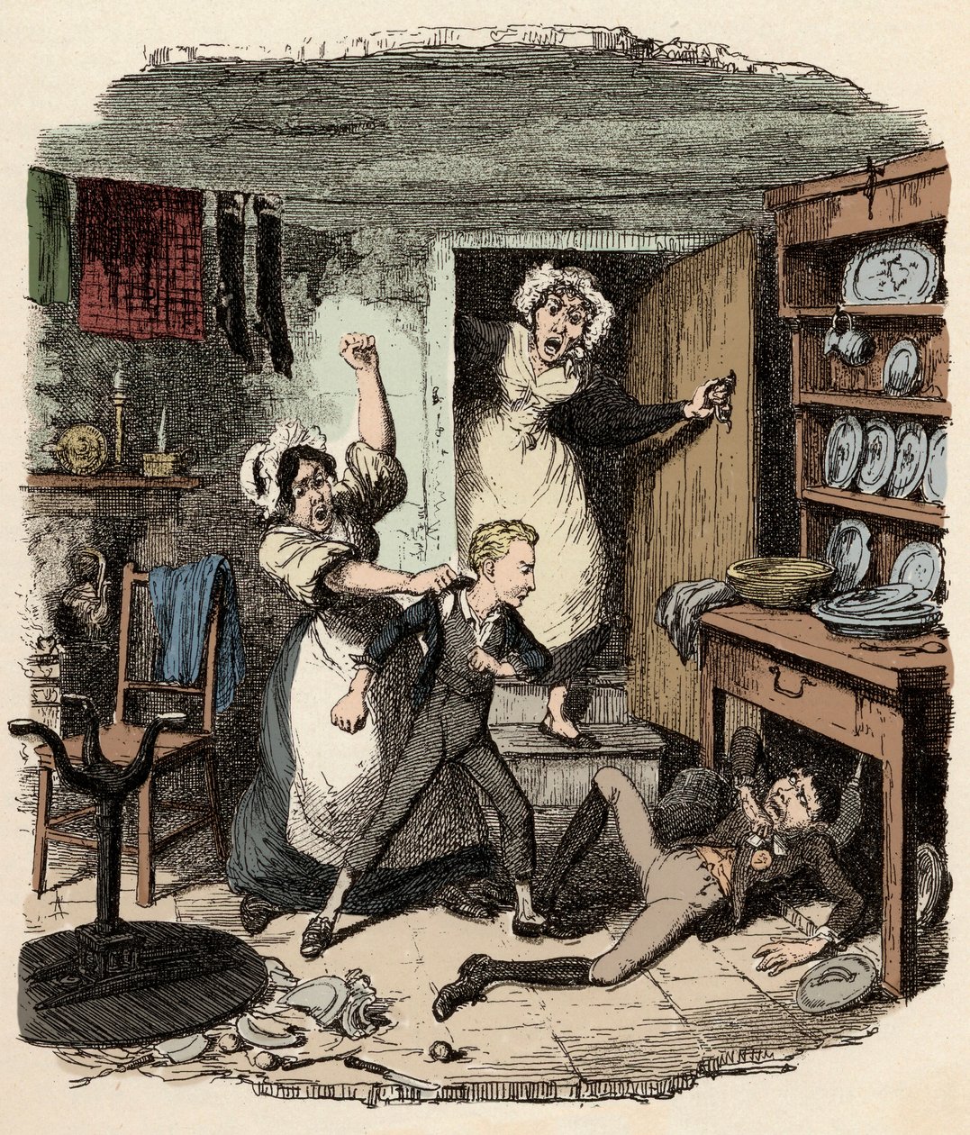 Oliver plockar upp en ande - Illustration för ""Oliver Twist"" (Olivier) (The Adventures of Oliver Twist) av Charles Dickens (1812-1870), av George Cruikshank (1792-1878) av George Cruikshank