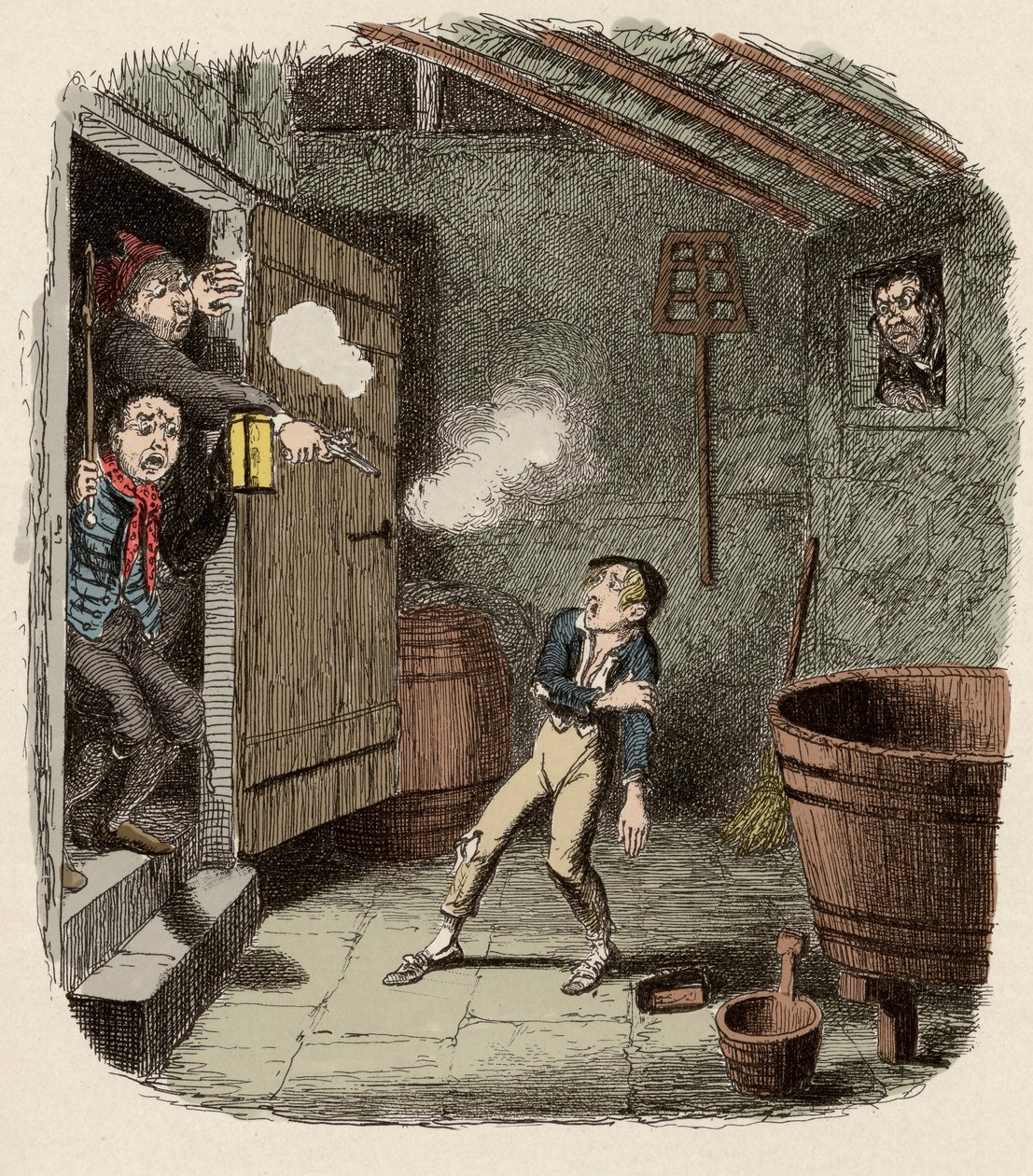 Oliver överraskade och sårade under inbrottsförsöket - Inbrottet - Illustration för "" Oliver Twist"" (Olivier) (The Adventures of Oliver Twist) av Charles Dickens (1812-1870), av George Cruikshank (1792-1878). av George Cruikshank