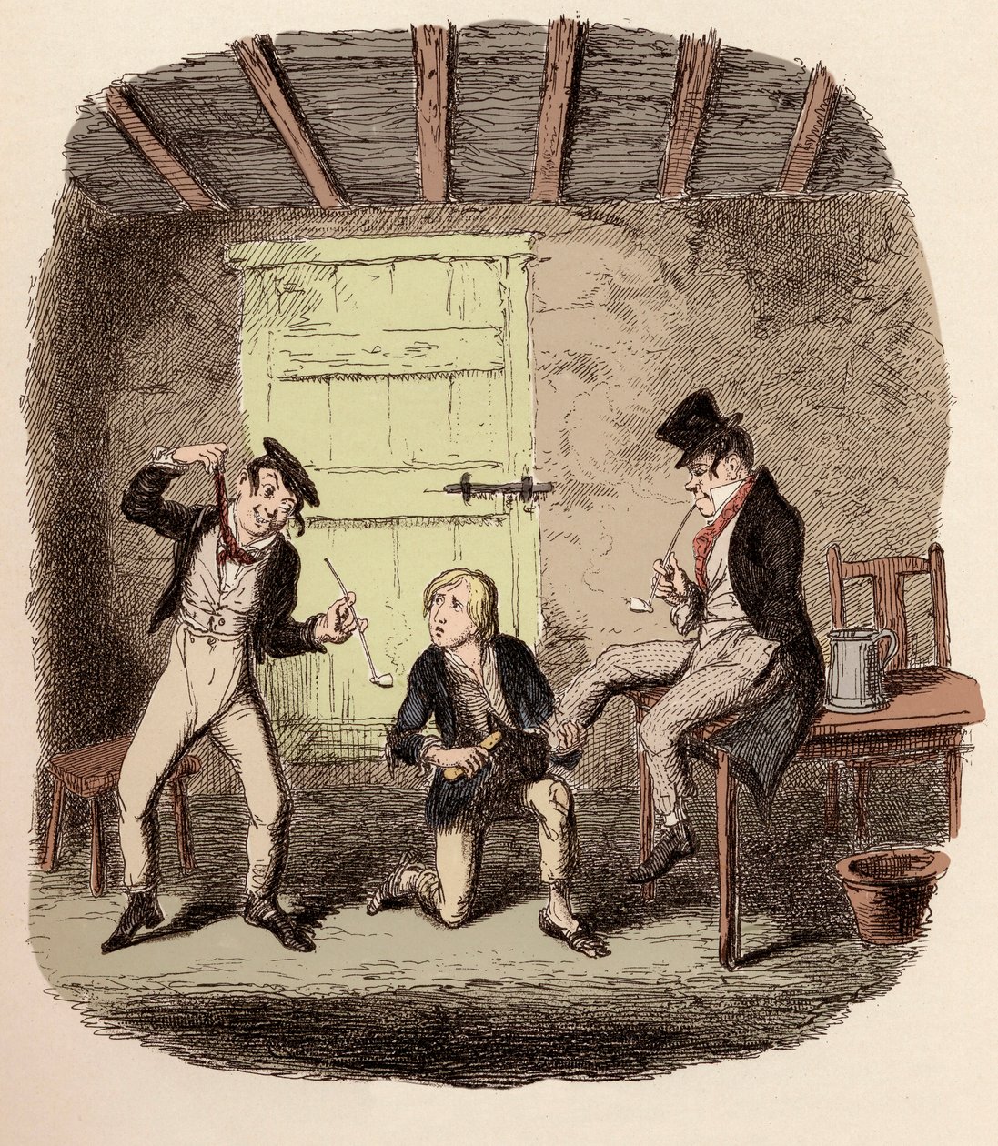 Oliver vaxar rävens skor medan Charley Bates förklarar farorna med att hänga - Master Bates förklarar en professionell teknisk detalj - Illustration för "Oliver Twist" (Olivier) (The Adventures of Oliver Twist) av Charles Dickens (1812-1870), av George Cru av George Cruikshank