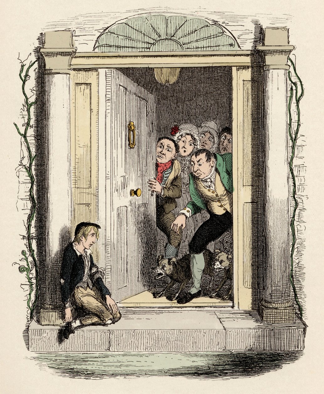 Oliver sår och utblåser ber om hjälp - Oliver Twist vid Mrs Maylies dörr - Illustration för "" Oliver Twist"" (Olivier) (The Adventures of Oliver Twist) av Charles Dickens (1812-1870), av George Cruikshank (1792-1878) . av George Cruikshank