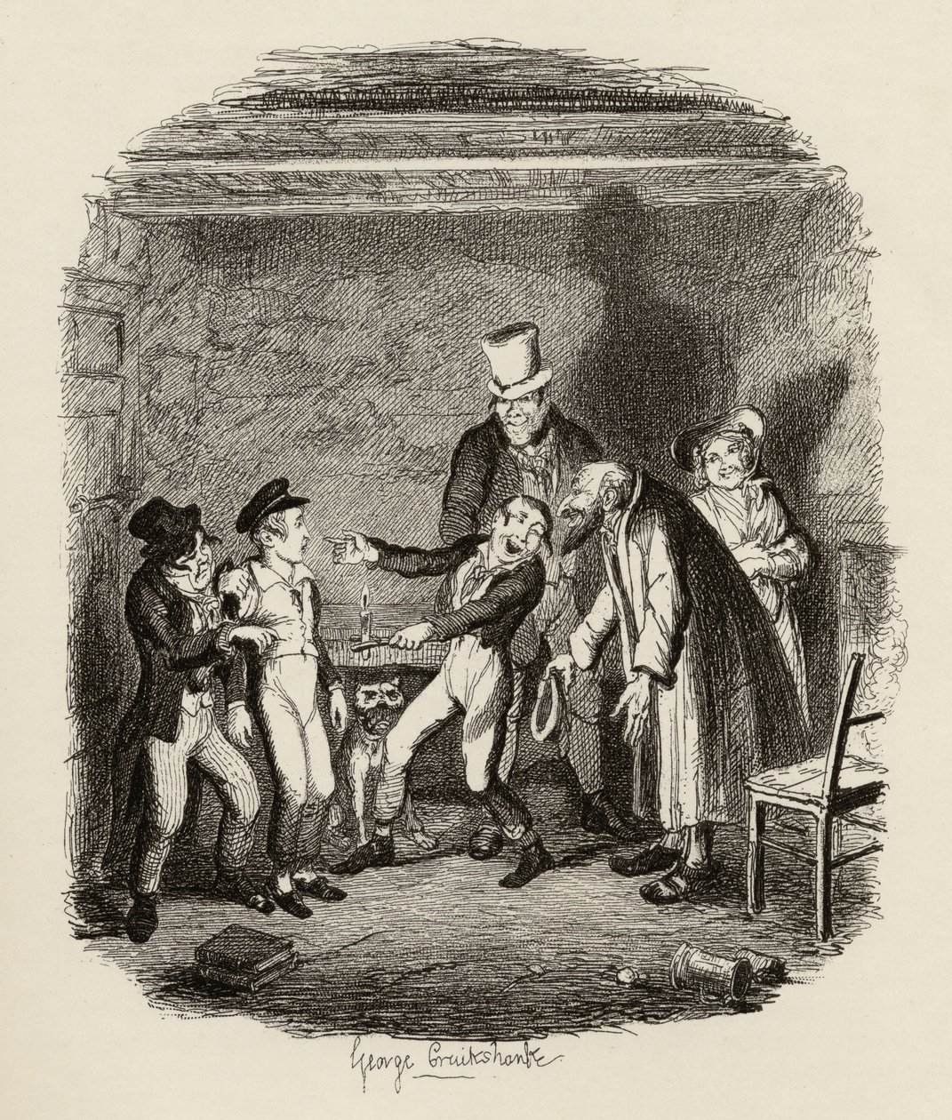 Olivers mottagning av Fagin och pojkarna, från "The Adventures of Oliver Twist" av Charles Dickens (1812-70) 1838, utgiven av Chapman und Hall, 1901 av George Cruikshank
