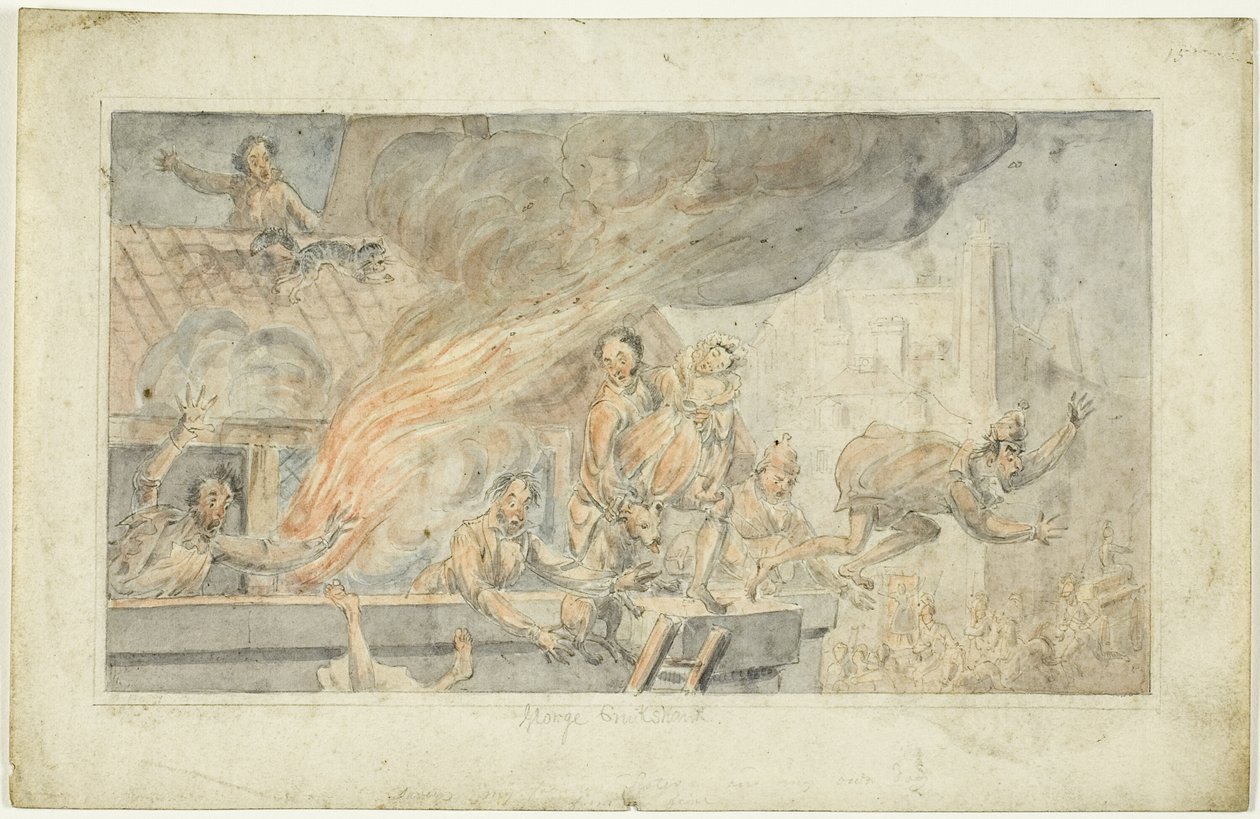 Människor flyr från en brinnande byggnad av George Cruikshank
