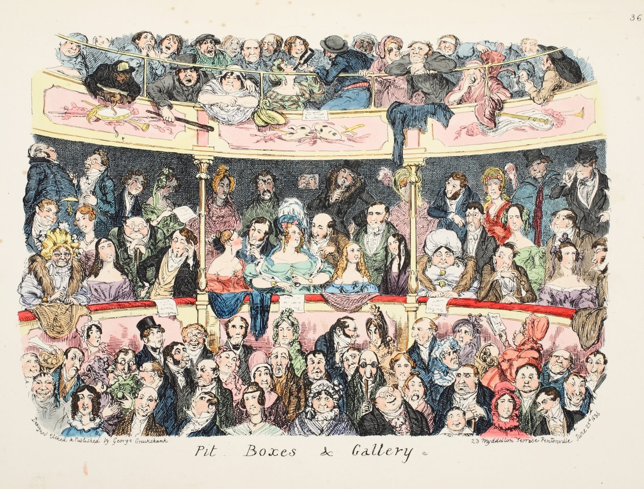 Pit Boxes och Galleri, pub. 1836 (handfärgad gravyr) av George Cruikshank