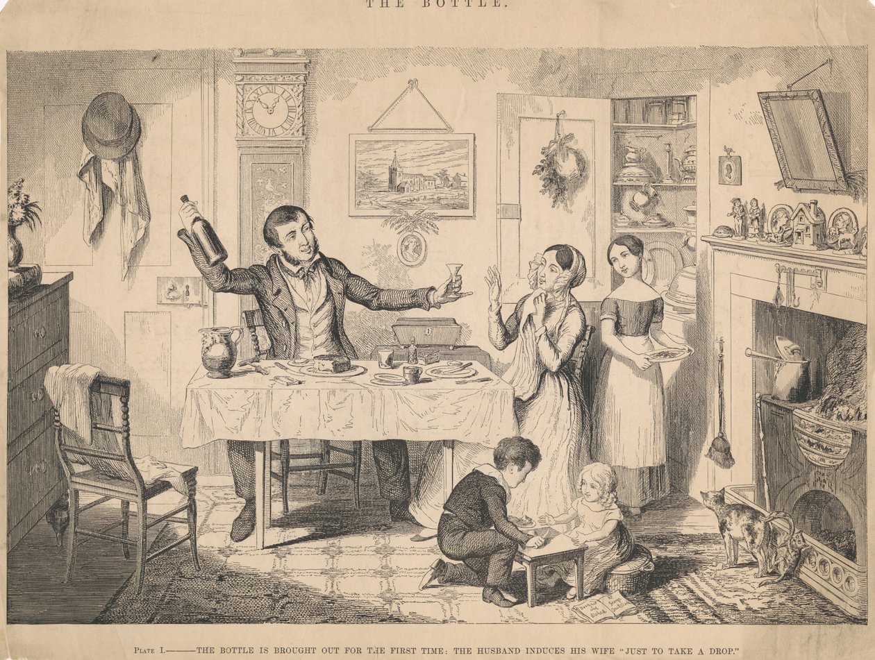 Bild I, Flaskan tas fram för första gången av George Cruikshank