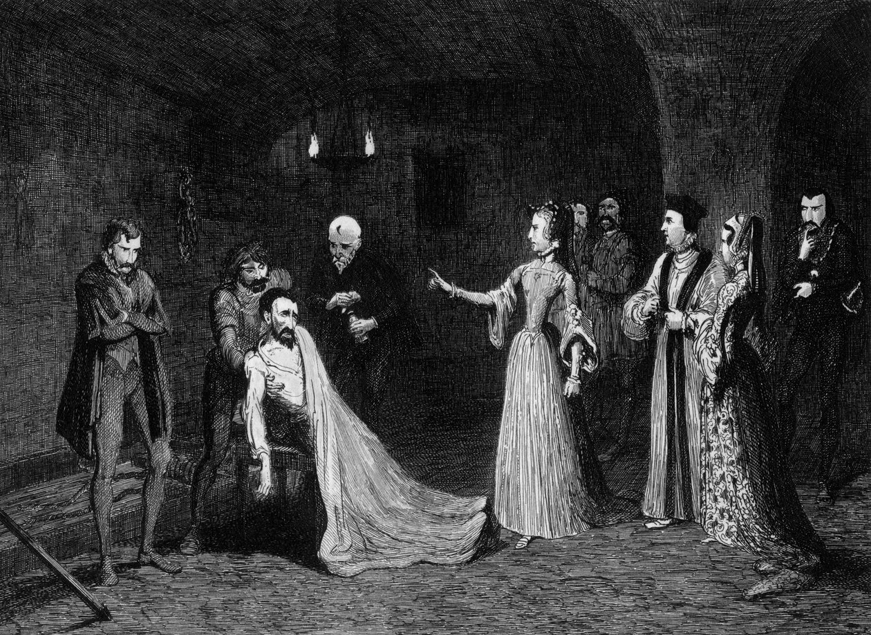 Prinsessan Elizabeth konfronterades med Sir Thomas Wyatt i tortyrkammaren, 1554 1840. av George Cruikshank