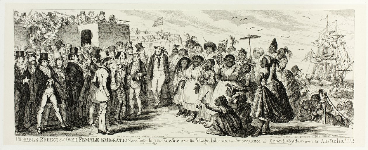 Troliga effekter av kvinnlig utvandring, eller import av det täcka könet från de vilda öarna till följd av export av alla våra egna till Australien!!!!! från George Cruikshanks ståletsningar till The Comic Almanacks: 1835-1853 av George Cruikshank
