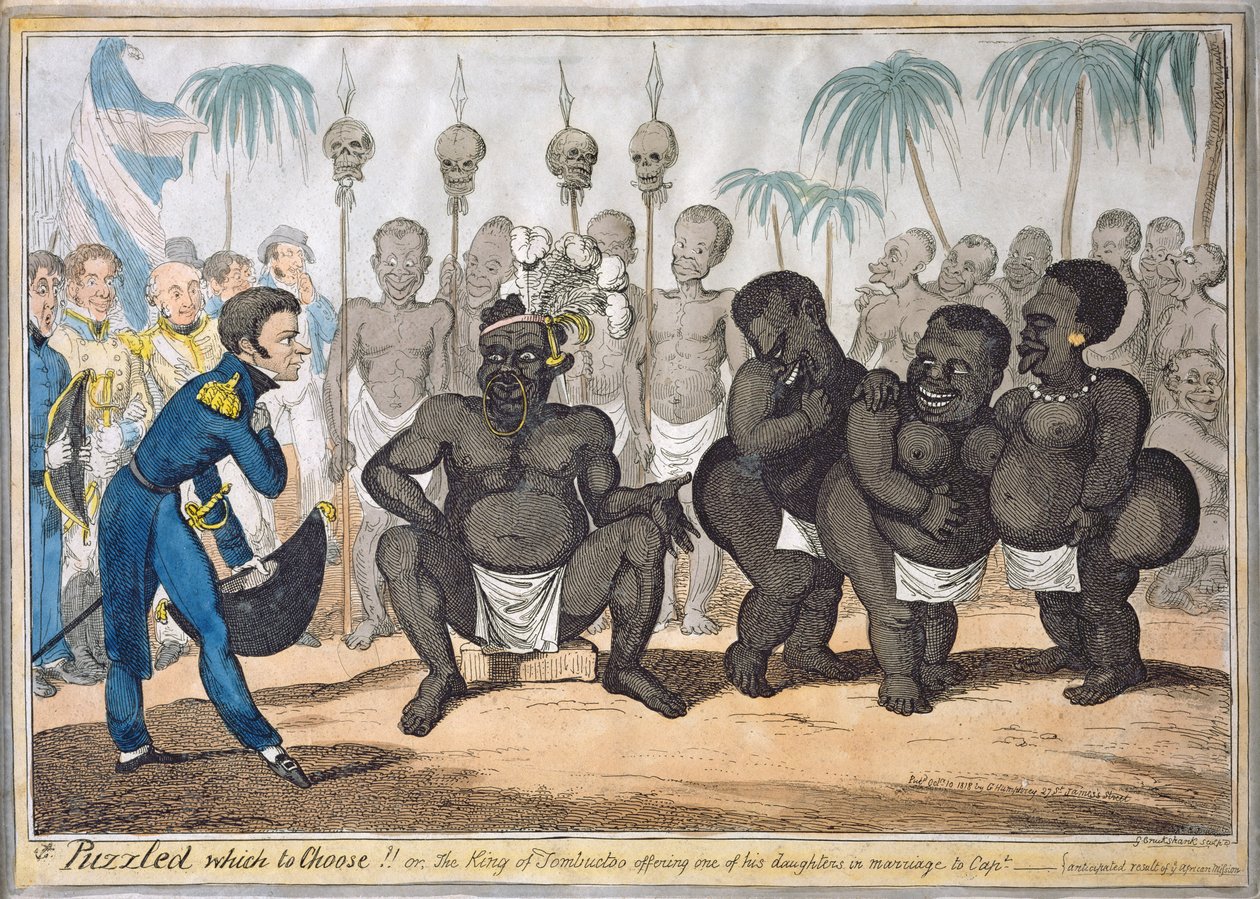 "Förbryllad vilken man ska välja!!, eller kungen av Tombuctoo som erbjuder en av sina döttrar i äktenskap med kapten", efter kapten E. Judel, pub. av G. Humphrey av George Cruikshank