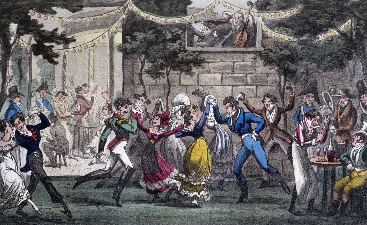 Quadrille i Salon de Mars, på Champs Elysée - i "" Life in Paris" av David Carey, London av George Cruikshank