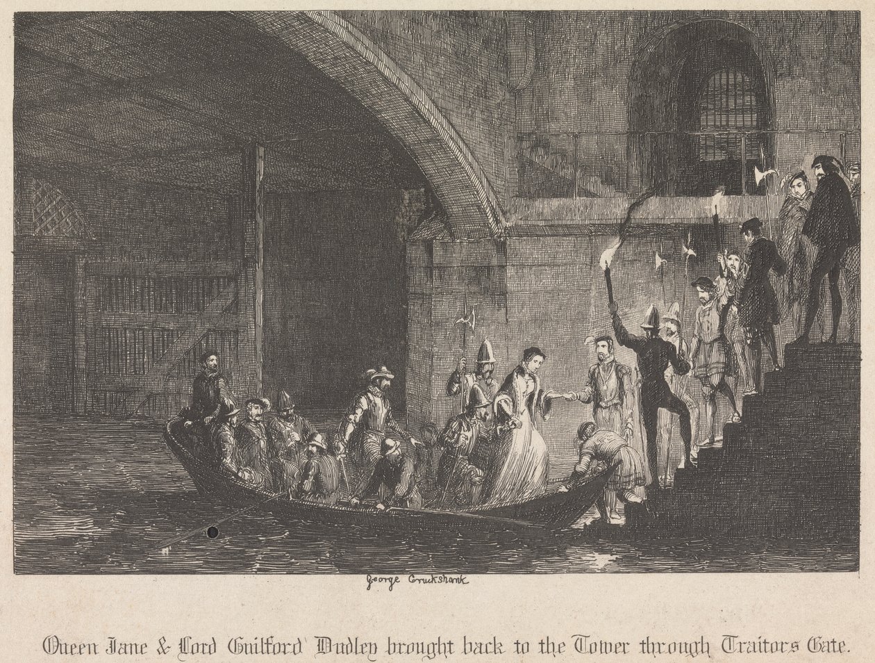 Drottning Jane och Lord Guilford Dudley fördes tillbaka till tornet genom Traitors Gate av George Cruikshank