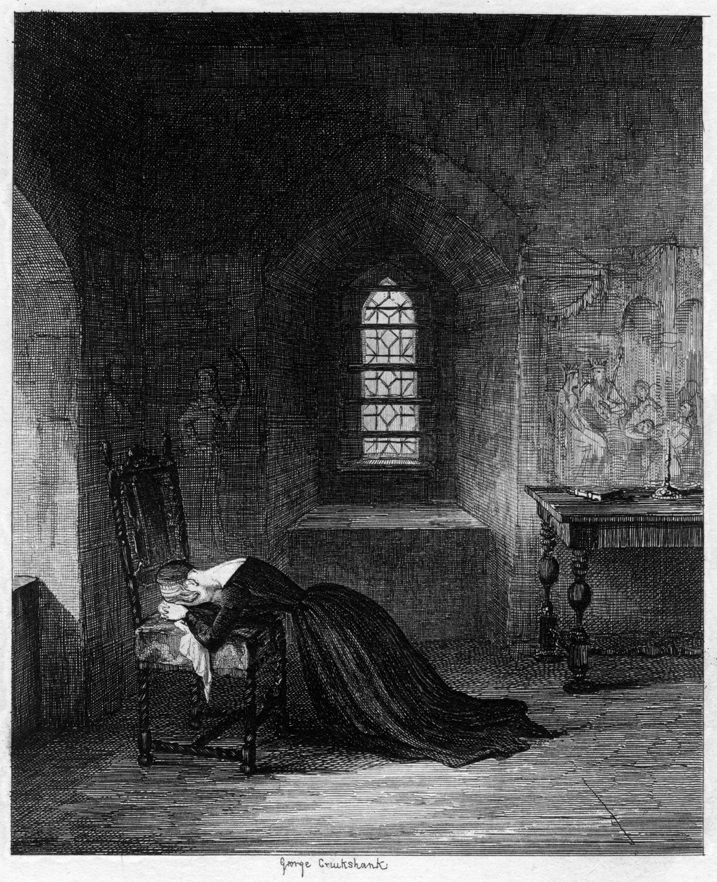 Drottning Jane fängslad i Brick Tower, Tower of London, 1553-1554 1840. av George Cruikshank