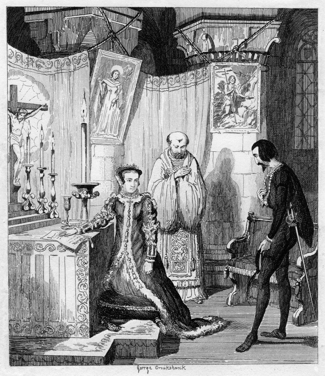Drottning Mary vid tillfälle av Simon Renard som anknyter sig till Filip av Spanien, 1840 av George Cruikshank