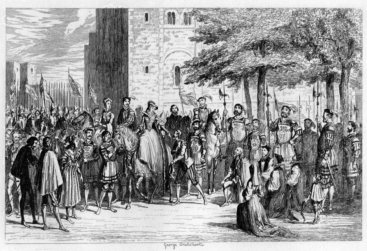 Queen Mary tar emot fångarna på Tower Green, 1553 1840 av George Cruikshank