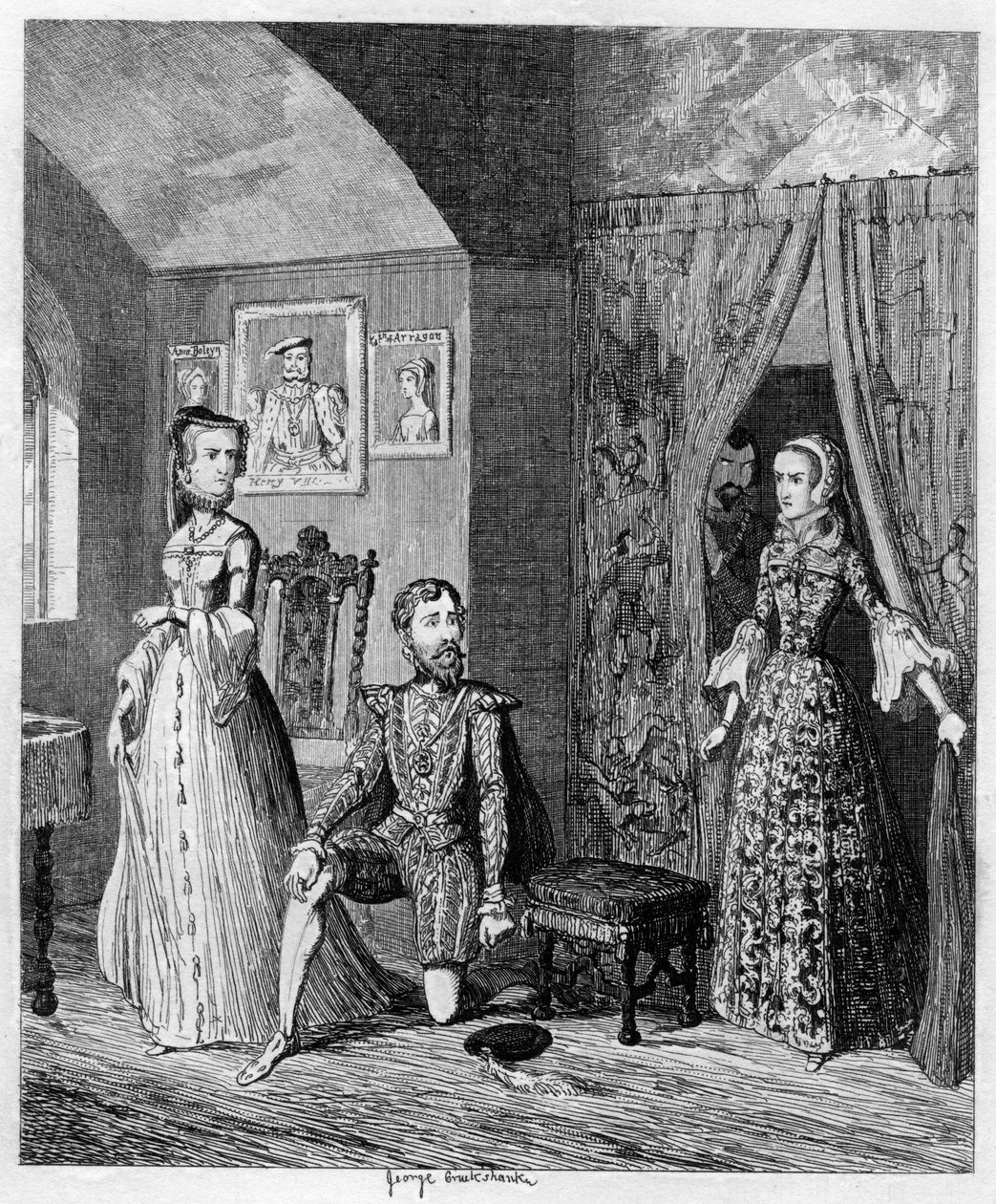 Drottning Mary överraskade Courtenay och prinsessan Elizabeth, 1553-1555 1840 av George Cruikshank