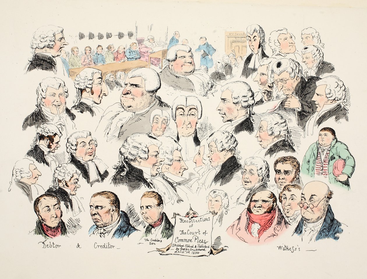 Recollections of Court of Common Pleas, pub. 1834 (handfärgad gravyr) av George Cruikshank