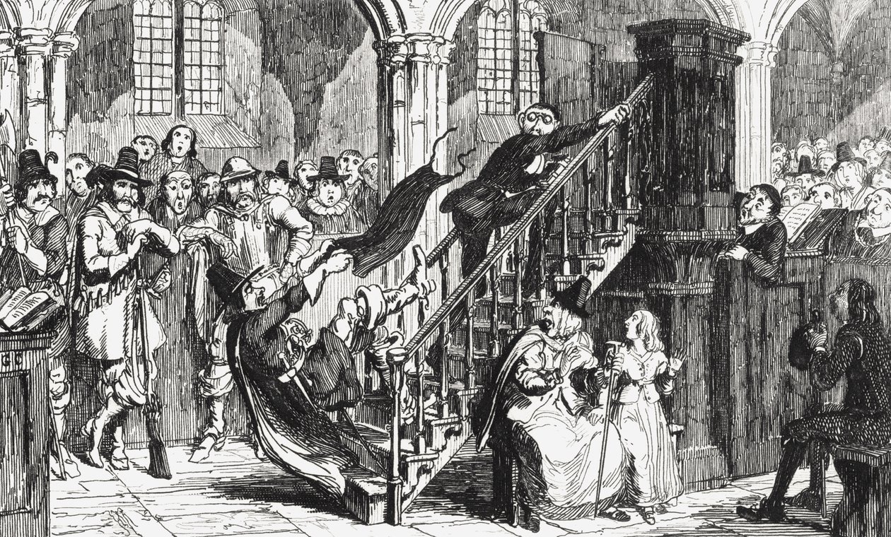 Pastor Holdenough under en gudstjänst, illustration från "Woodstock" av Sir Walter Scott (1771-1832), publicerad 1845. av George Cruikshank