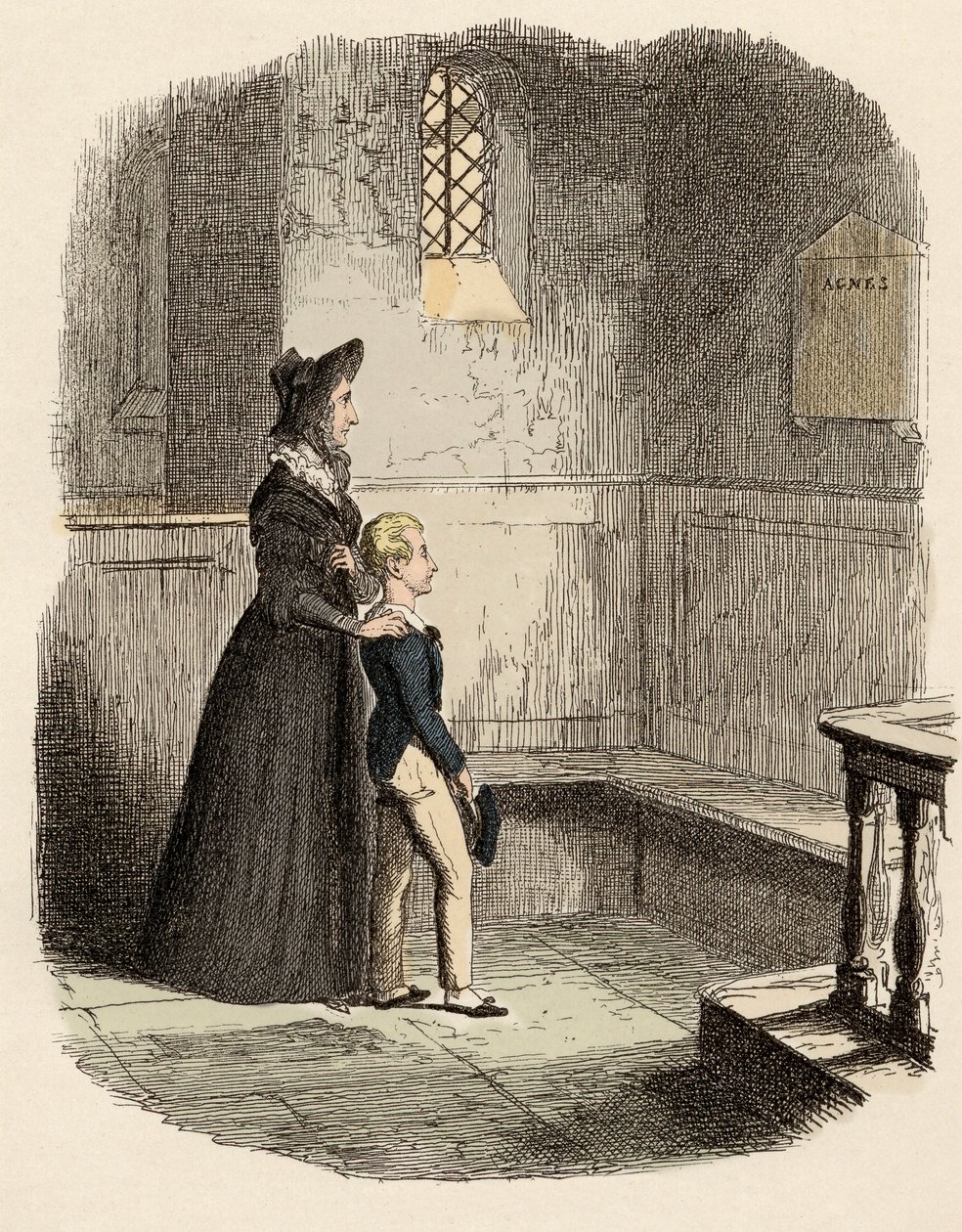 Rose Maylie och Oliver framför minnestavlan av Agnes, deras syster och mor - Rose Maylie och Oliver - Illustration för "" Oliver Twist"" (Olivier) (The Adventures of Oliver Twist) av Charles Dickens (1812-1870), av George Cruikshank (179 av George Cruikshank