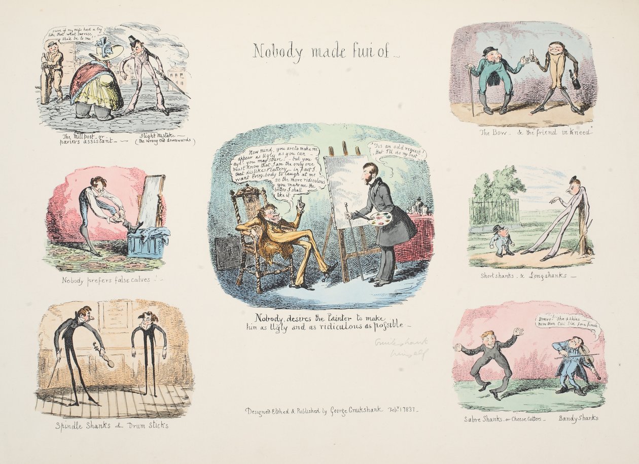 Rester och skisser; Ingen gjorde narr av, pub. 1831 (handfärgad gravyr) av George Cruikshank