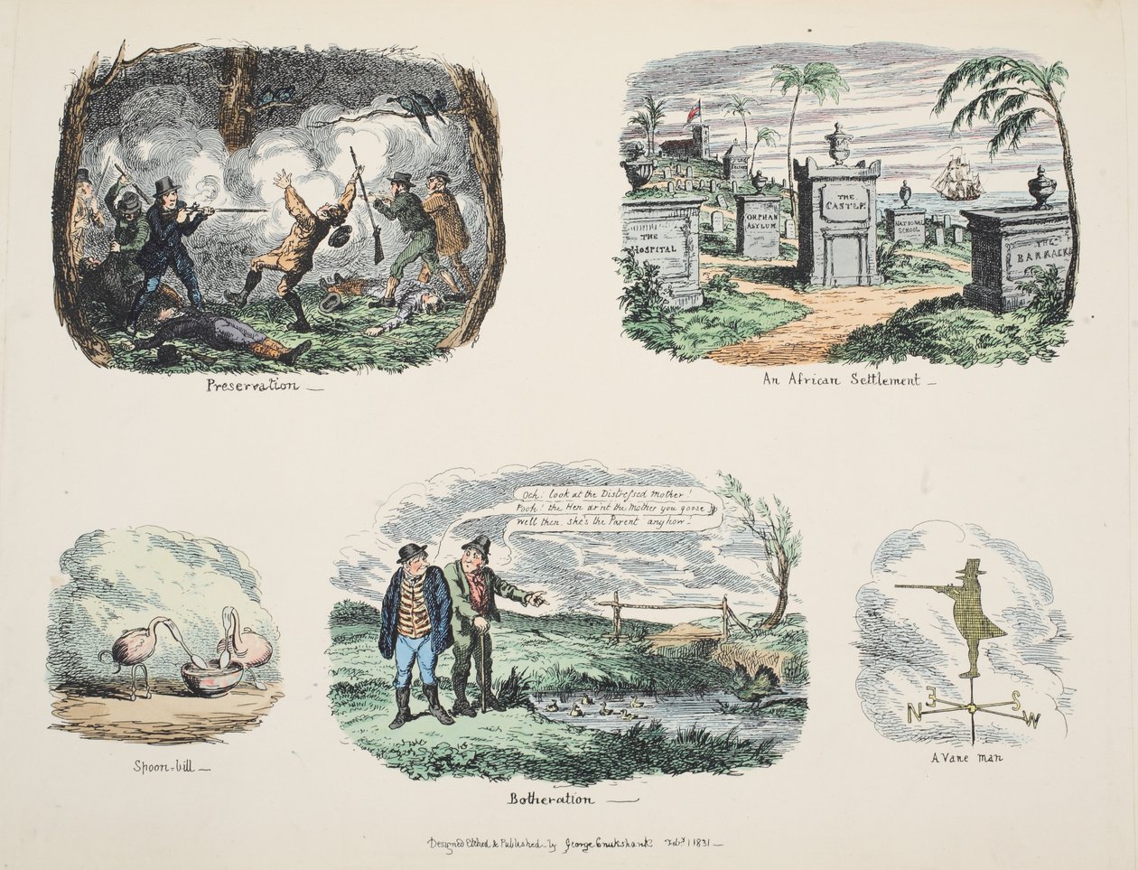 Scraps and sketches: Preservation, An African Settlement, Spoon-bill, Botheration, A Vane Man, pub. 1831 (handfärgad gravyr) av George Cruikshank