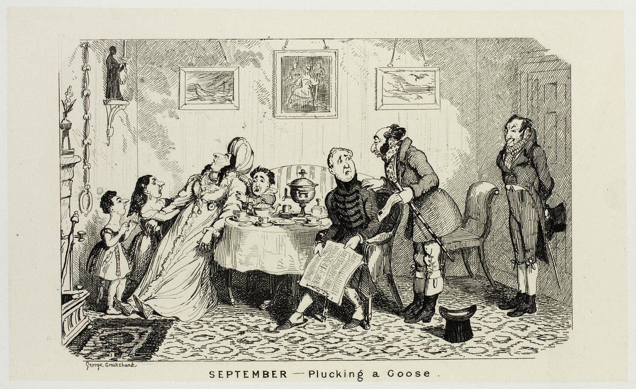 September - Att plocka en gås från George Cruikshanks ståletsningar till The Comic Almanacks: 1835-1853 av George Cruikshank