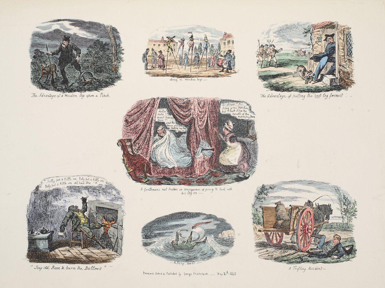 Serie illustrationer om fördelarna och bristerna med att ha ett träben, pub. 1828 (handfärgad gravyr) av George Cruikshank