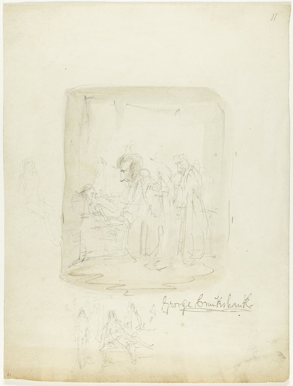 Blad med skisser med självporträtt av George Cruikshank