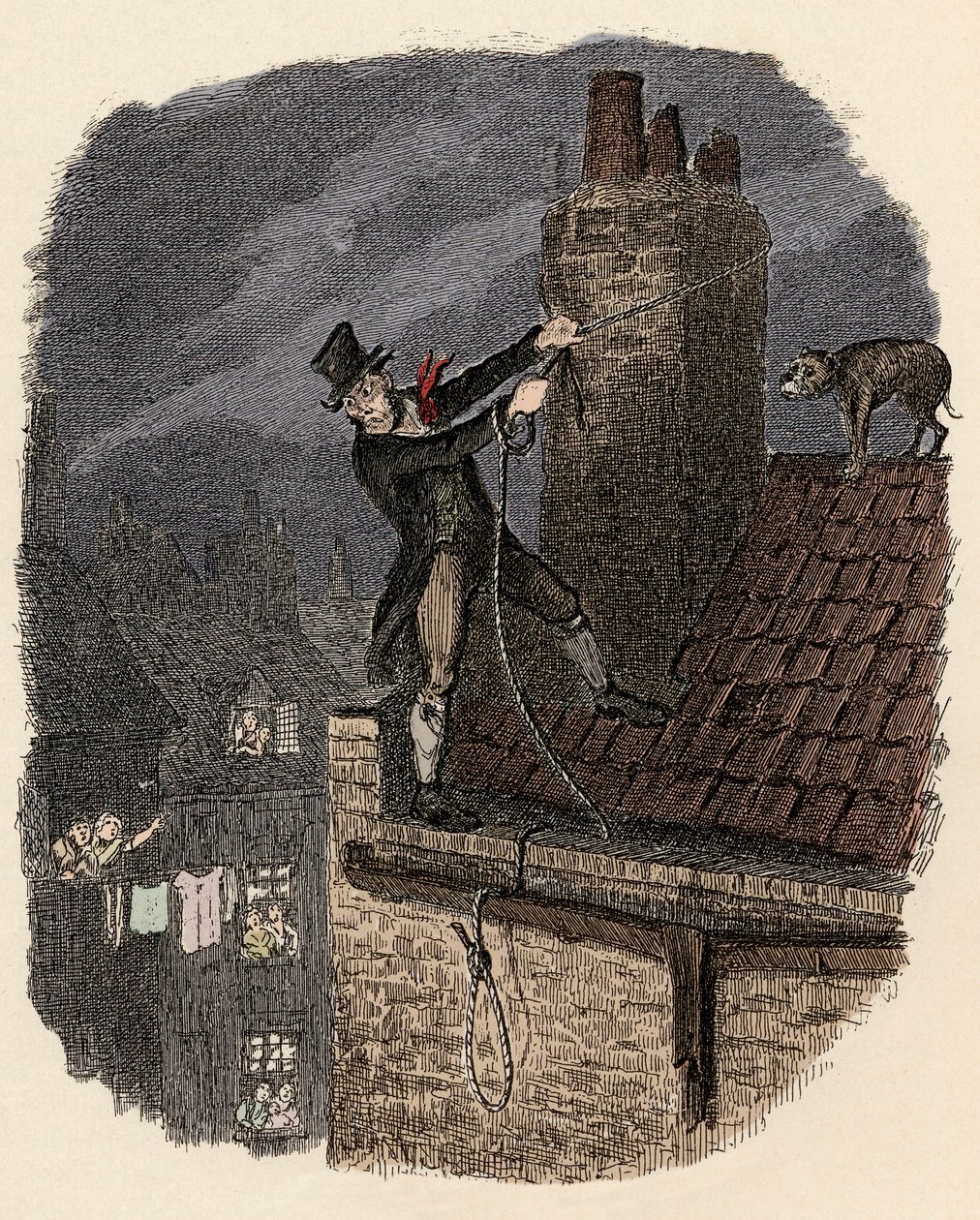 Sikes, följt av sin hund, försöker fly - Sista chansen - Illustration för "" Oliver Twist"" (Olivier) (The Adventures of Oliver Twist) av Charles Dickens (1812-1870), av George Cruikshank (1792-1878) . av George Cruikshank