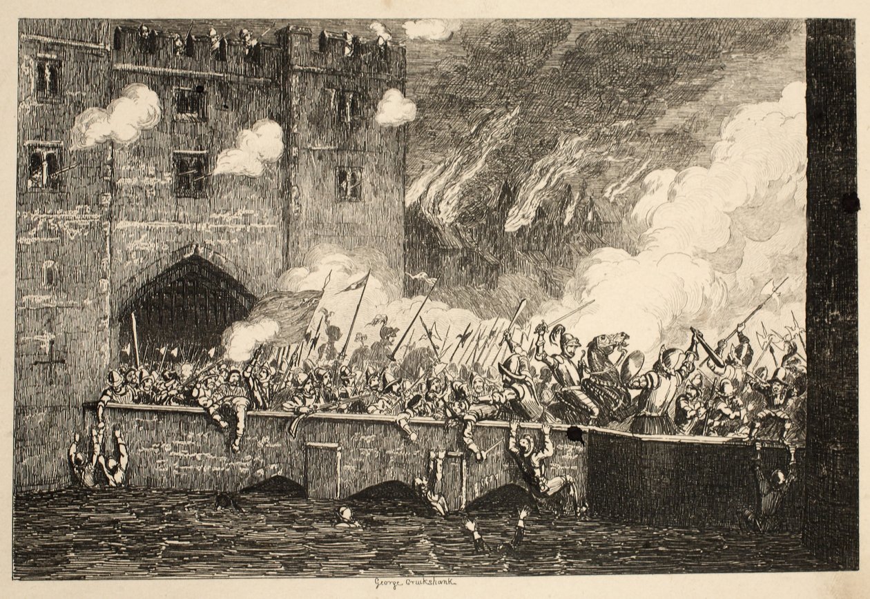 Sir Thomas Wyatt attackerar By Ward Tower från Tower of London, pub. 1840 av George Cruikshank