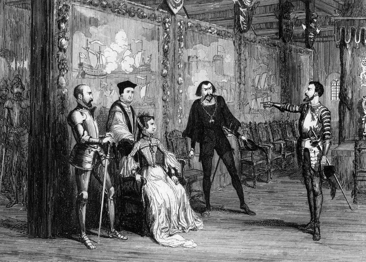 Sir Thomas Wyatt dikterar villkor för drottning Mary i Vita tornet, c1553 1840. av George Cruikshank