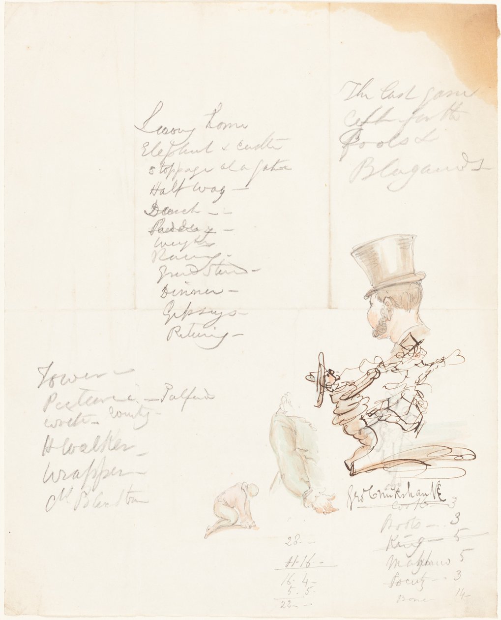 Skisser av huvud, arm och knästående figur av George Cruikshank