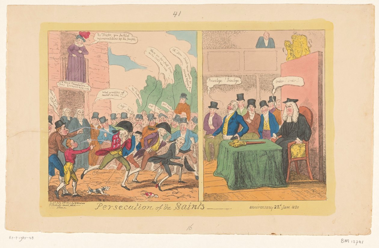 Tecknad film om engelsk inrikespolitik, 1820 Förföljelse av de heliga av George Cruikshank